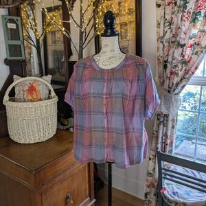 Lucky Brand Pastel Purple and Blue Boxy Blouse with Short Sleeves